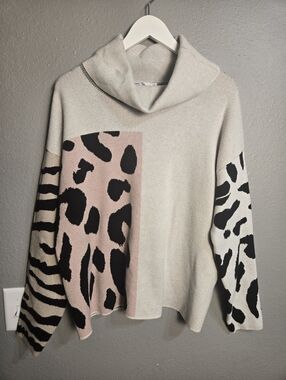 Tribal Jeans Color Block Animal Print Cowl Neck Sweater Sweater Size Large